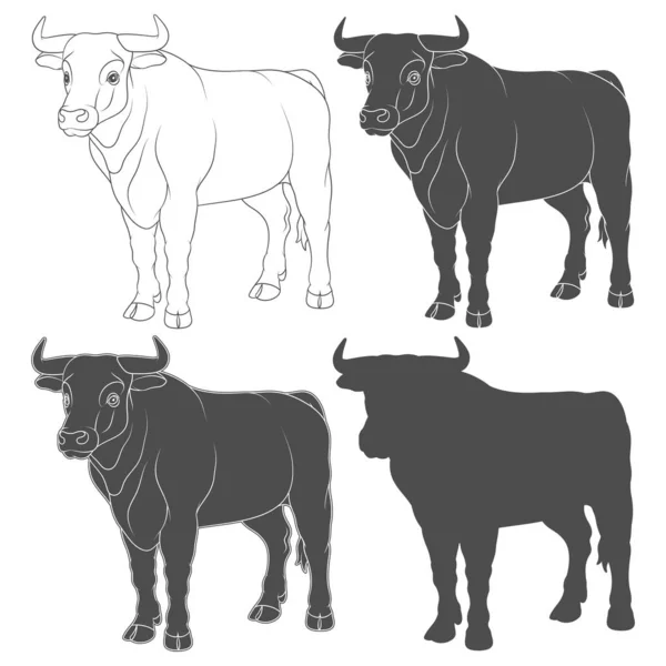 Set Black White Illustrations Bull Cow Isolated Vector Objects White — 스톡 벡터