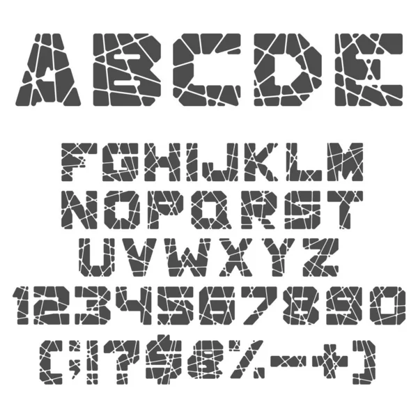 Alphabet Noir Blanc Chiffres Signes Avec Coupures Fissures Objets Vectoriels — Image vectorielle