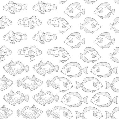Tropikal balıkların görüntüsüne sahip kusursuz desenler. Siyah ve beyaz vektör arkaplanı.