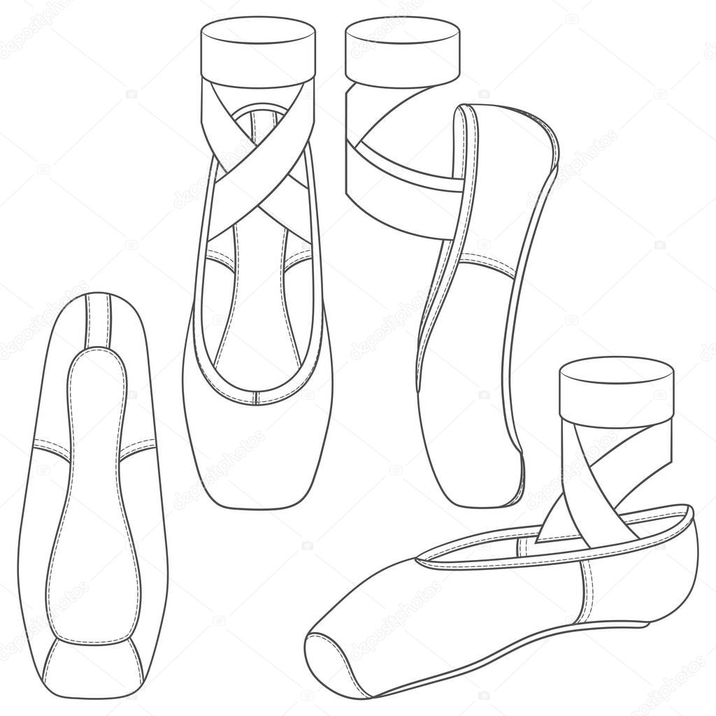 Set of black and white illustrations with pointe shoes, ballet shoes. Isolated vector objects on a white background.