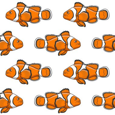 Palyaço balığında kusursuz desen. Beyaz zemin üzerinde tropikal balıklar olan vektör arkaplan.