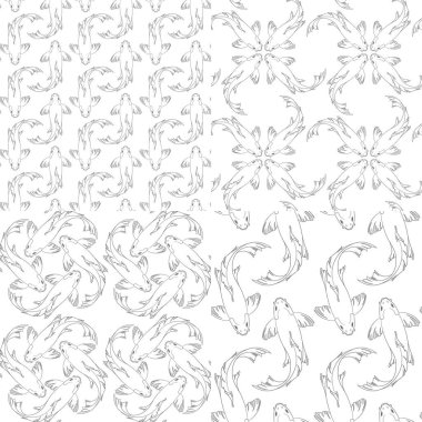 Sazan balıklı siyah beyaz desenler. Vektör arkaplanı.