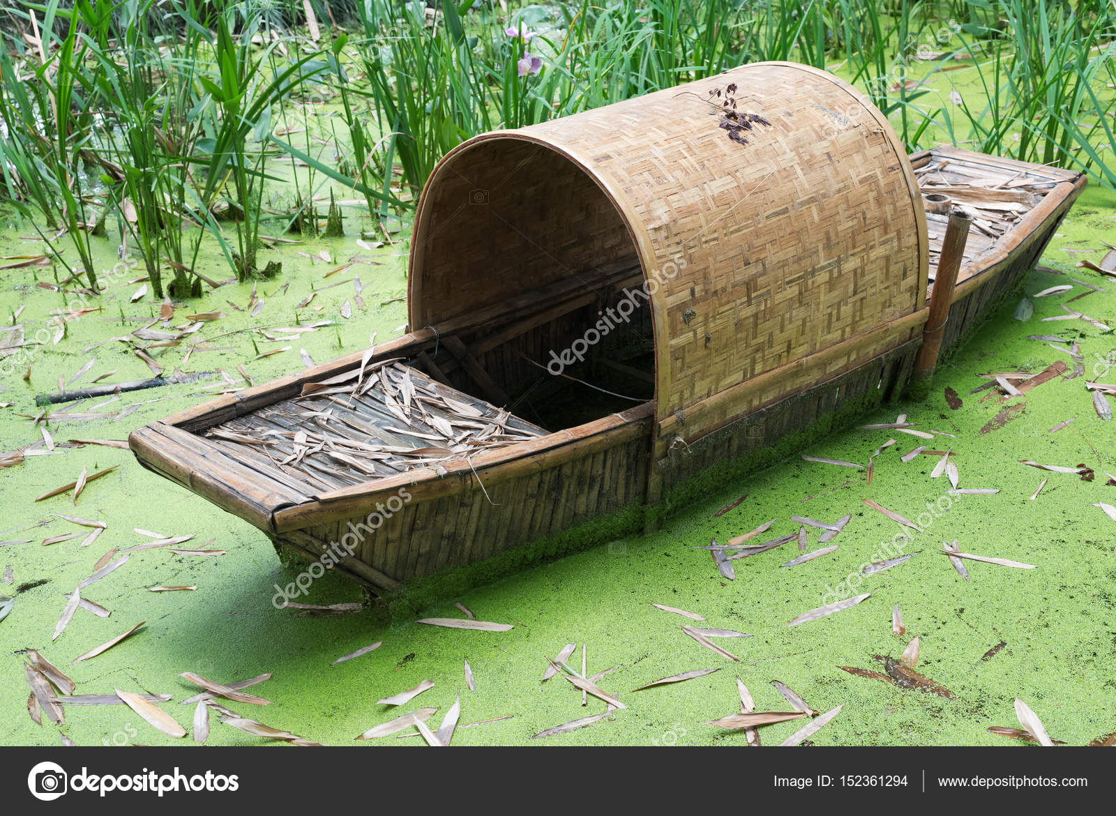 Vieux Bateau De Bambou Chinois Abandonnés Dans Leau Verte