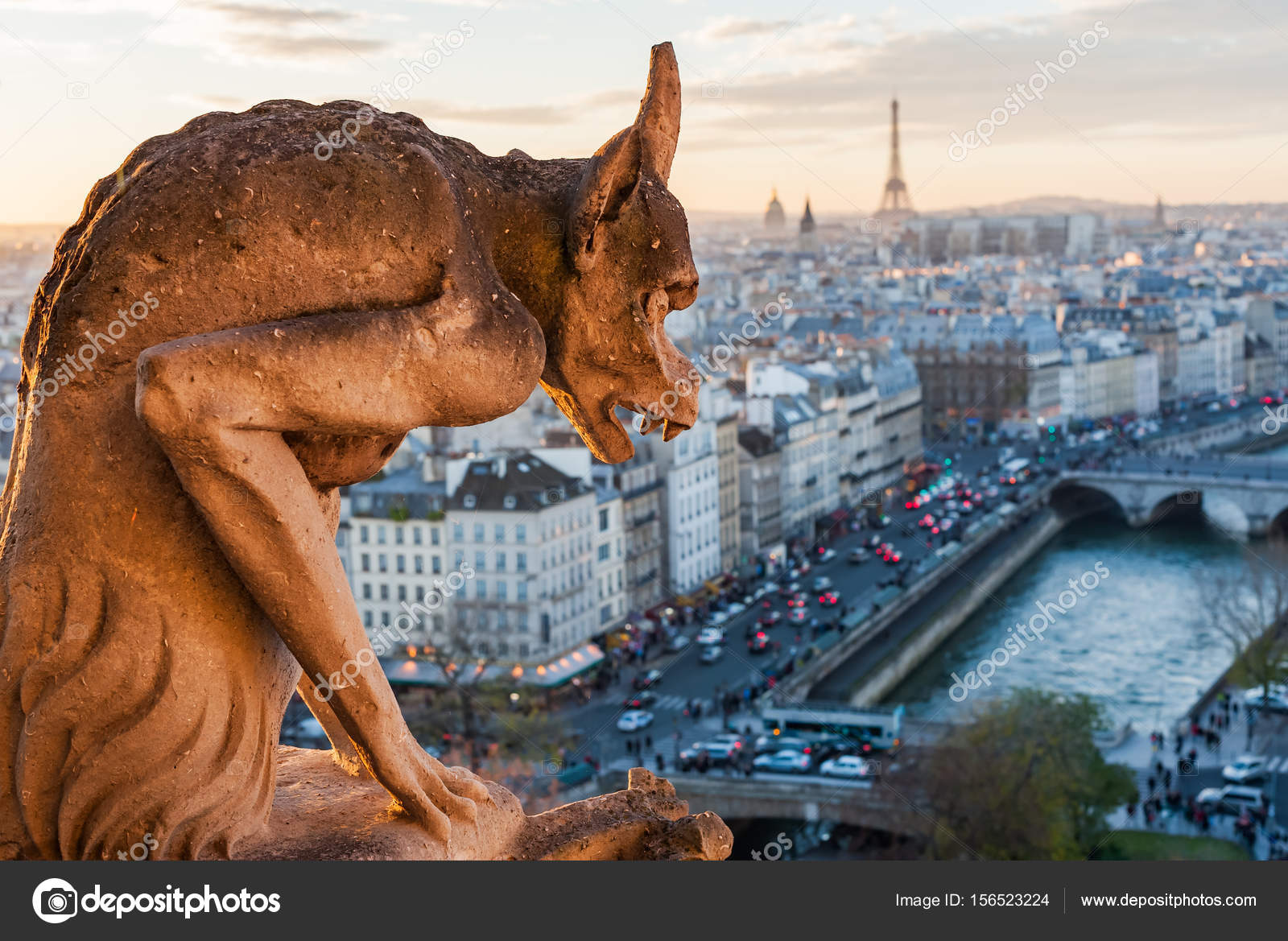 Gargouille Regarder Paris Au Coucher Du Soleil