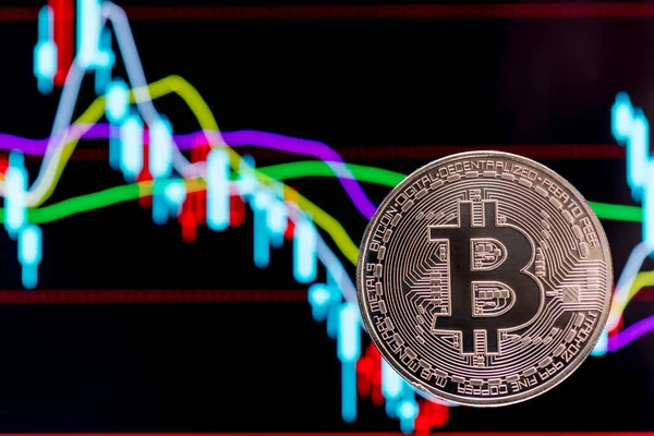 Bitcoin mit bunten Diagrammen im Hintergrund — Stockfoto