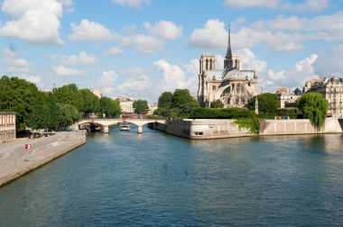 Notre-Dame de Paris ve güneşli bir Seine Nehri