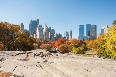 Central Park'ta bir kayaya oturan insanlar