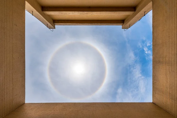 Sun halo 22 degrees from a rooftop above chengdu