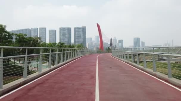 Puente de cable rojo y vista de rascacielos desde la vía verde de TianFu — Vídeos de Stock