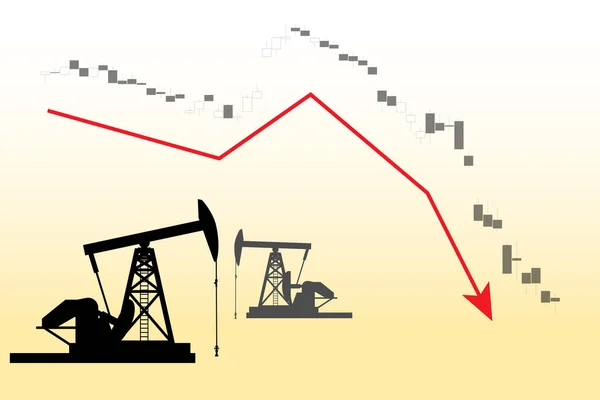 Ілюстрація нафтової кризи з дерковими силуетами та кривою фондового ринку вниз — стоковий вектор