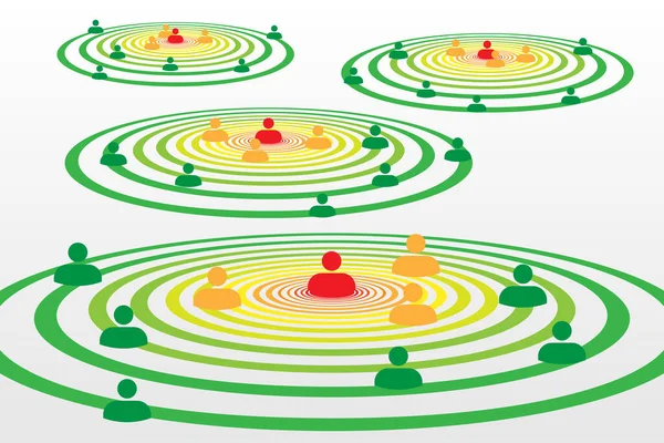 Symboles de silhouette des personnes en cercles concentriques concept avec système de traçage des contacts Covid-19 — Image vectorielle