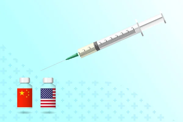 Çin ve Amerika aşıları şırınga ile 3D vektör çizimi — Stok Vektör