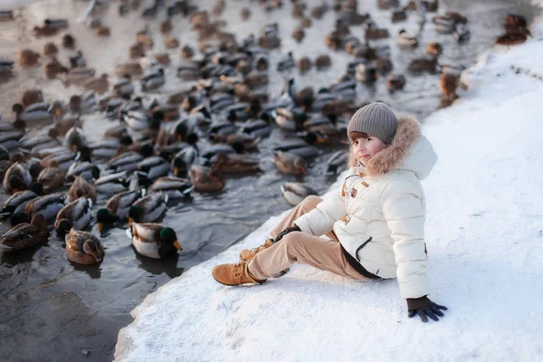 Enfant assis au bord de l'étang en hiver Photos De Stock Libres De Droits