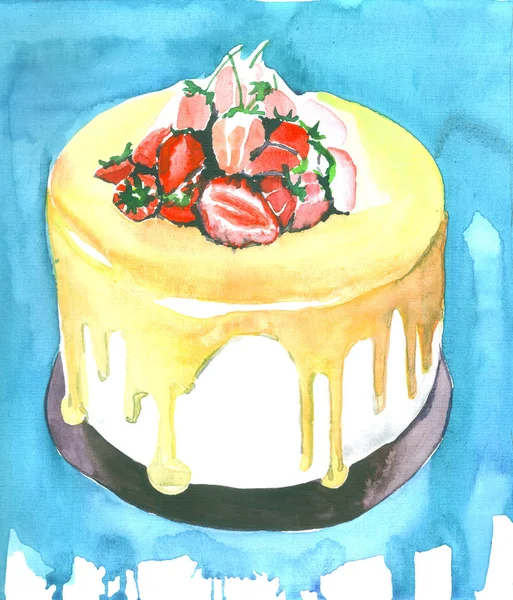 딸기와 밝은 수채화 케이크 — 스톡 사진