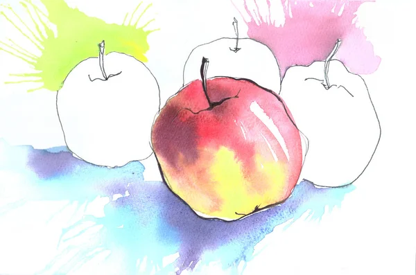 Quatro maçã brilhante caneta esboço aquarela — Fotografia de Stock