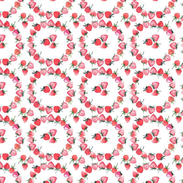 Juicy strawberry circle pattern watercolor hand sketch — Stock Photo, Image