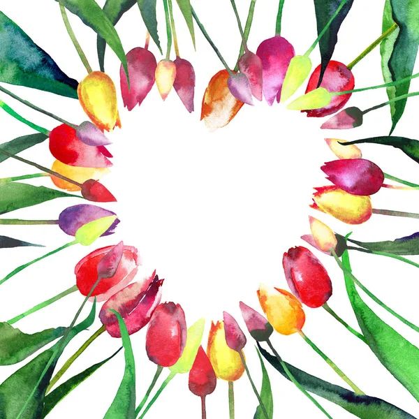 Beautiful tender bright heart of red yellow pink violet tulips watercolor — Stock Photo, Image