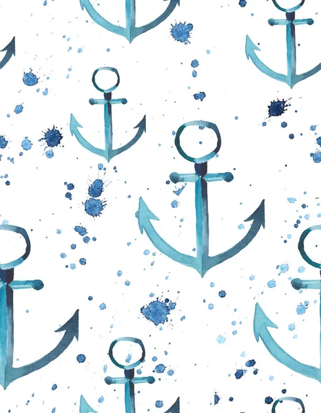 Bright beautiful tender blue anchor blue purple spray pattern watercolor hand sketch seamless pattern