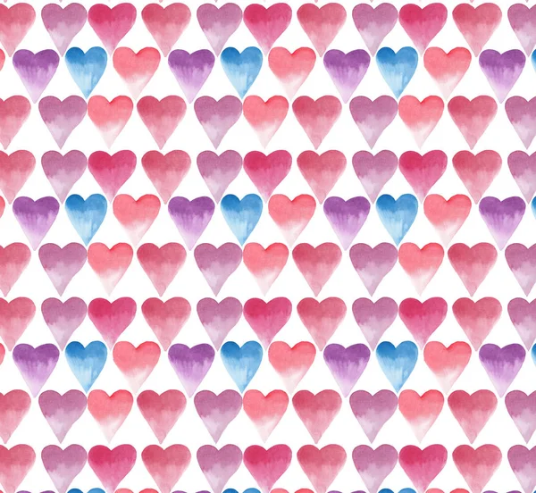 Szép szép romantikus piros pink lila kék szívek minta zökkenőmentes akvarell — Stock Fotó