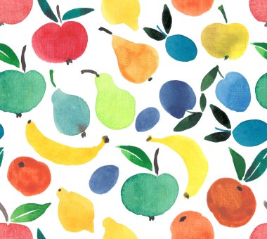 Parlak lezzetli olgun sulu armut elma Erik muz ve çilek seamless modeli suluboya el kroki