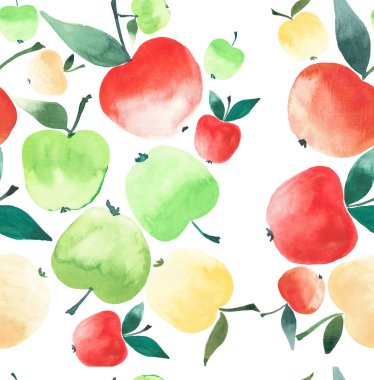 Parlak lezzetli olgun sulu yeşil kırmızı ve sarı elma farklı şekiller seamless modeli suluboya el kroki