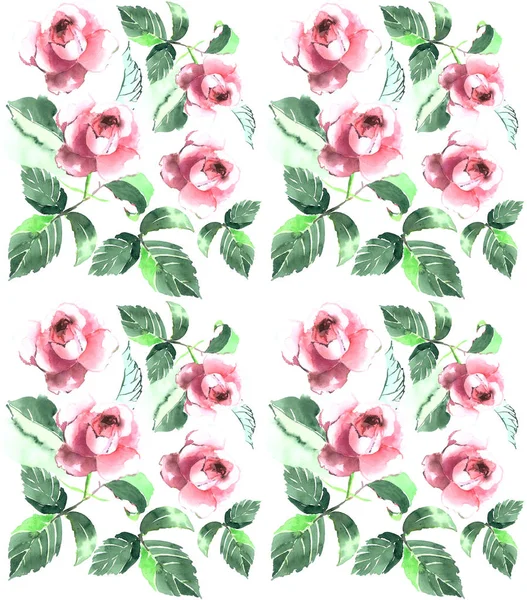 Tender romantic beautiful composition of pink roses watercolor hand sketch seamless pattern — Stock Photo, Image