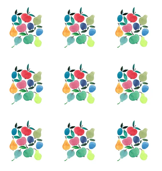 Las manzanas jugosas maduras sabrosas brillantes peras ciruelas pintan como niño en el patrón sin costuras cuadrado acuarela boceto de la mano — Foto de Stock
