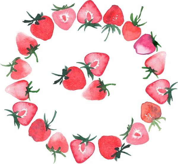 Dłoń akwarela piękne piękne czerwone smaczny soczysty truskawka koło szkicu — Zdjęcie stockowe
