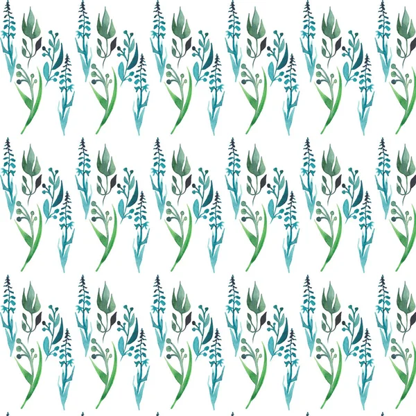 Sophistiqué tendre floral botanique vert vif herbe motif sans couture aquarelle croquis à la main — Photo