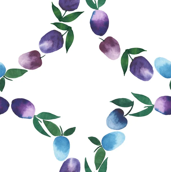 Fine bright lovely beautiful circle of blue purple violet plums watercolor hand sketch seamless pattern