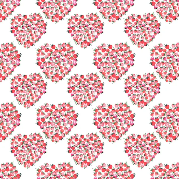 Beautiful delicate heart of ripe juicy red strawberries watercolor hand sketch seamless pattern — Stock Photo, Image