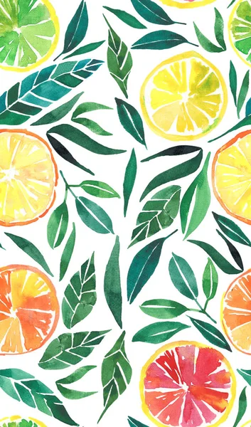 Bright tasty tropical beautiful red yellow and green citrus pattern seamless watercolor hand sketch