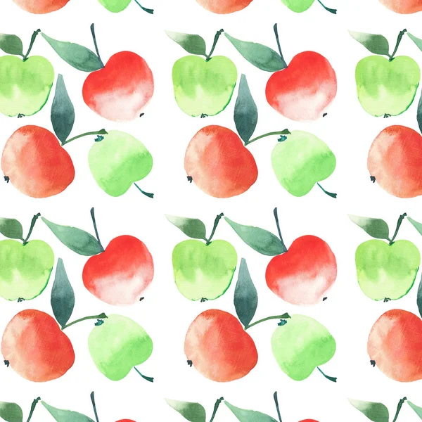 Vier helle schöne rote grüne reife leckere Äpfel nahtlose Muster Aquarell Handskizze — Stockfoto