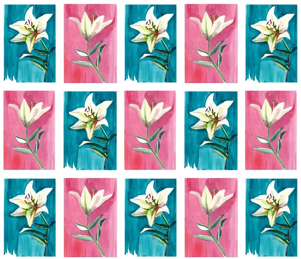 蓝色和粉红色背景水彩手绘上的白色百合花的明亮无缝花纹 — 图库照片