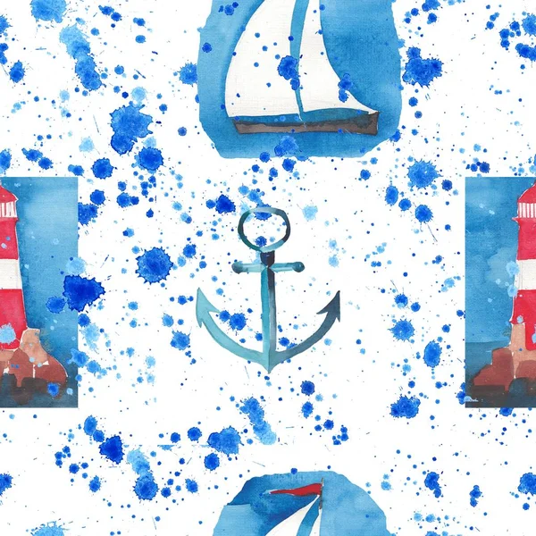 Modèle lumineux sans couture avec ancres de mer bateau bleu rouge phare blanc sur les rochers — Photo