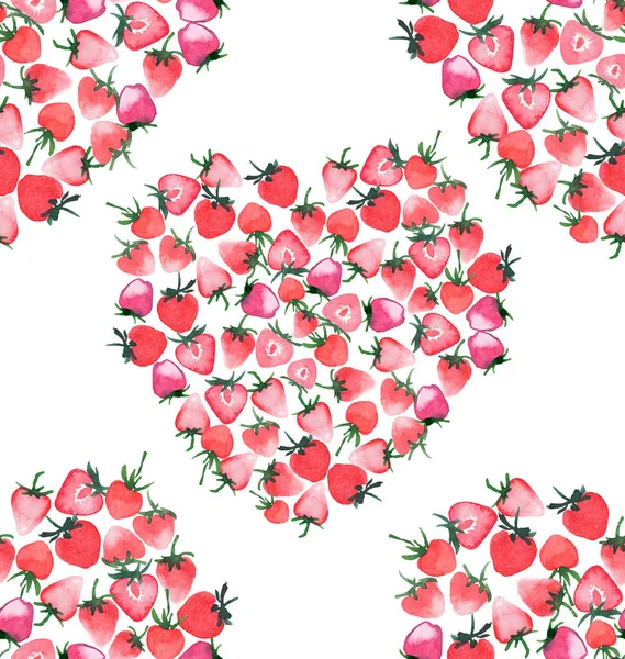 美丽精致的心型的成熟多汁的红草莓水彩手素描图案 — 图库照片