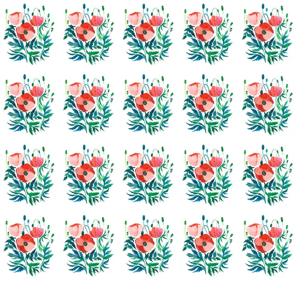 Hermoso patrón brillante de amapolas rojas con hojas y cabezas acuarela boceto de mano —  Fotos de Stock