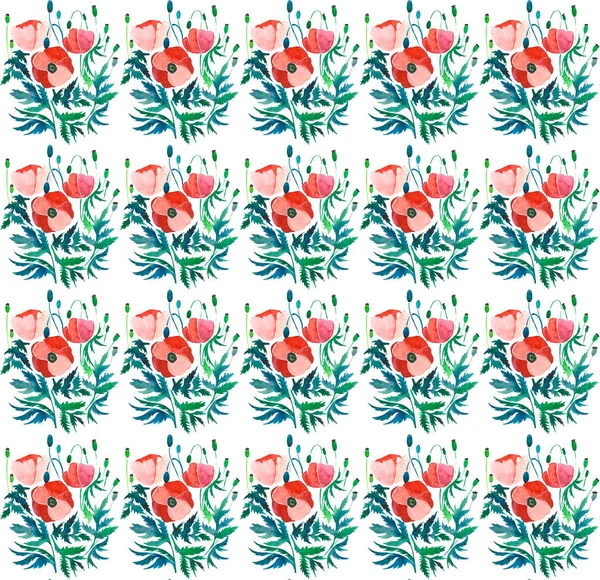 붉은 양 귀 비 새싹 녹색의 아름 다운 세련 된 화려한 패턴 나뭇잎 수채화 손 스케치 — 스톡 사진