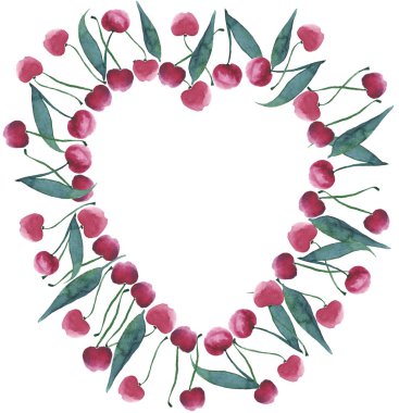 Suluboya el kroki iyi güzel narin yüzük olgun sulu koyu kırmızı kiraz yeşil yaprakları