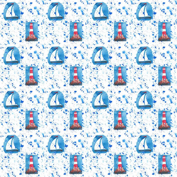 Bright  red lighthouse on the rocks and white sailboat seamless pattern on blue and violet spray watercolor hand sketch — Stock Photo, Image