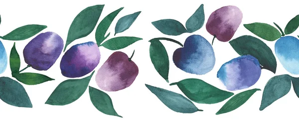 Красивые ярко-голубые и фиолетовые сливы с зелеными листьями рисунок руки акварели — стоковое фото