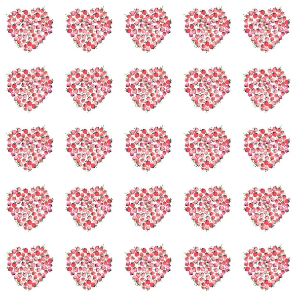 Beautiful lovely summer juicy tasty red and pink strawberry hearts pattern watercolor hand sketch — Stock Photo, Image