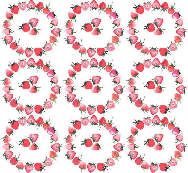 Linda linda verão suculento saboroso vermelho e rosa padrão círculo de morango aquarela esboço da mão — Fotografia de Stock