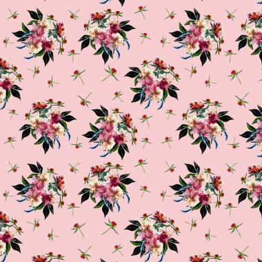 Pembe suluboya el çizimi üzerinde bej toz pembe peonies kompozisyonu güzel bahar