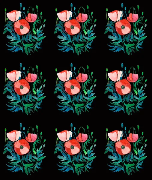 Belo padrão floral brilhante de papoilas vermelhas com folhas verdes e cabeças no fundo preto ilustração mão aquarela — Fotografia de Stock