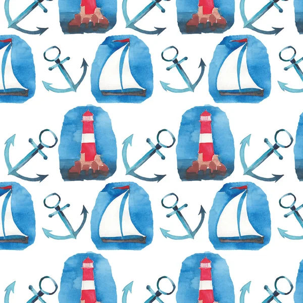 Hermoso patrón marino brillante con el faro rojo ancla azul y el bosquejo de la mano de la acuarela del barco blanco —  Fotos de Stock