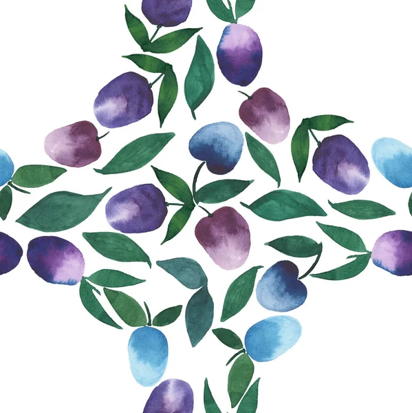 Fine bright lovely beautiful circle of blue purple violet plums with green leaves watercolor hand sketch pattern
