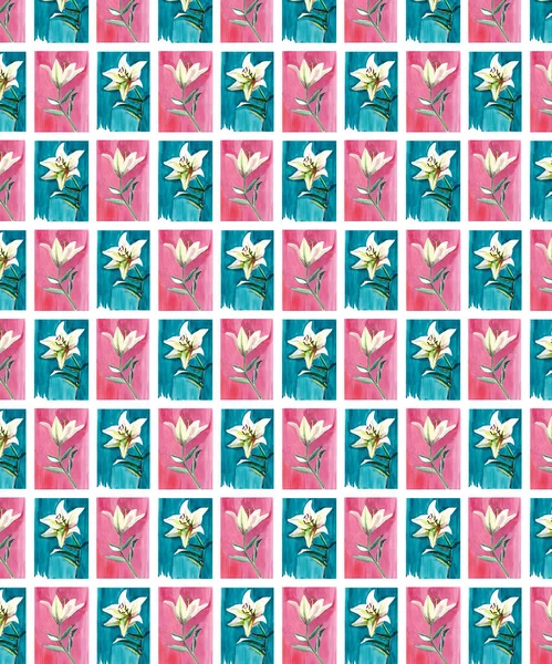 Patrón floral brillante sin costuras de lirios blancos sobre fondos azules y rosados acuarela ilustración de la mano —  Fotos de Stock