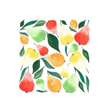 Parlak olgun sulu armut turuncu yeşil kırmızı ve sarı renkleri yeşil yaprakları kare suluboya ile kroki el