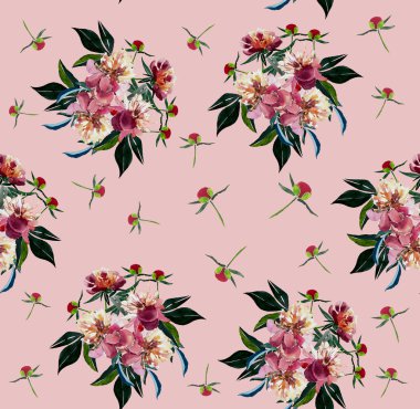 Pembe suluboya el çizimi üzerinde bej toz pembe peonies kompozisyonu güzel yumuşak bahar